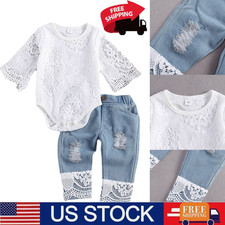 Newborn Infant Baby Girl Clothes Lace-patterned Top Denim-plaid Lace Pants Set picture