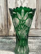Bohemian Emerald Green Cut to Clear Crystal Vase Floral Sawtooth Starburst Base picture