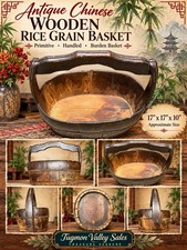 Antique Chinese Wooden Rice Grain Basket Primitive Handled Burden Basket 17” picture