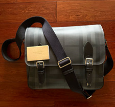 Burberry Plaid Messenger Bag Black/Gray Crossbody Adjustable Strap Buckle Zip picture