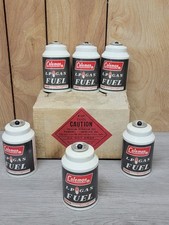 CASE OF 6 VINTAGE COLEMAN LANTERN LP FUEL GAS CANS HARD TO FIND WITH FUEL picture