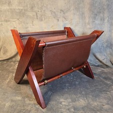 Vintage MCM Leather Suede Wood Folding Magazine Rack Sling Newspaper Caddy picture