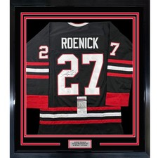 Framed Autographed/Signed Jeremy Roenick 35x39 Chicago Black Jersey JSA COA picture