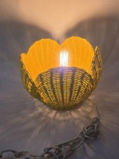 Vintage Yellow Wicker Rattan Hanging Tulip Lotus Flower Swag Lamp WORKING MCM picture