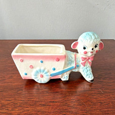 Vintage  Lamb Pull Cart Planter Polka Dot Glossy White Pink Blue 6 in.  Enesco picture