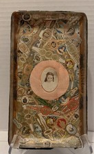 Antique Folk Art Tray w/Collage of Cigar Bands & Labels w/Child Photo under Glas picture