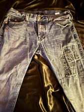 True Religion Men’s Blue Relaxed Fit Straight Denim Jeans Medium Wash Logo picture