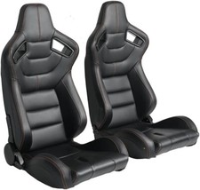 Universal Set of 2 Racing Seats Pair Black Leather Reclinable Bucket Sport Seats picture