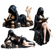 1x Resin Hooded Female Witch Reading Book Figurine Gothic Statue Halloween Decor picture