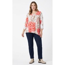 New Chico's Peony Garden Top size Large/2 Pink Floral Asymmetrical Stretch Knit picture