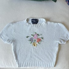 Vintage 80s Ralph Lauren 100% Cotton Hand Knit Floral Sweater Size S picture