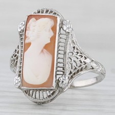Vintage Cameo Filigree Ring Carved Shell 14k White Gold Size 8.25 picture