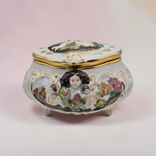 Vintage Capodimonte Italian Footed Earthenware Box Cherubs Woman Flowers picture