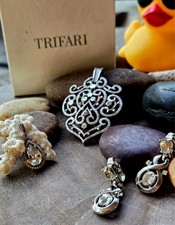Vtg Signed Crown Trafari: 2 Pendants  1pr Rhodium Coated Clip Crystal Earring picture