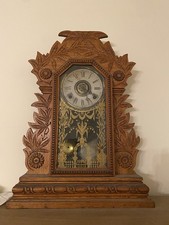 William L. Gilbert Carved Wood Shelf Clock w/ Glass Door Roman Numeral Dial picture