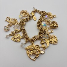 Vintage Kirks Folly Hearts Crowns Charm Bracelet Gold Tone Crystals picture