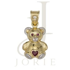 10k Two-tone Gold Red White Heart Round Cubic-Zirconia Teddy Bear Charm Pendant picture