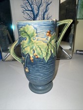 Vintage Roseville Art Pottery Vase Blue Bushberry 2 Twig Handles 1940s 29-6 CN picture