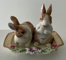 Vtg Fitz & Floyd Botanical Bunny Floral Salt & Pepper Shakers w/Tray picture