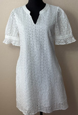 MEROKEETY White Eyelet Dress M 100% Cotton Puff Sleeve Lined Pockets picture