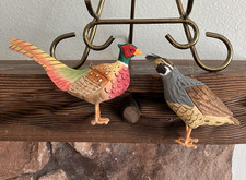 Set of 2 Hand Carved Wood & Painted Bird Christmas Ornaments Pheasant Quail 1998 picture