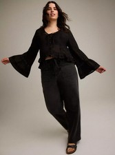 Torrid Plus 1X Festi Bell Sleeve Hi-Low Tie Front Cotton Top Deep Black Boho NWT picture