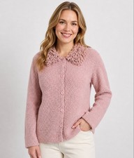 NWT Dialogue QVC Womens Small Pink Boucle Cardigan Shaggy Fringe Collar picture