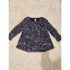 Chicos Metallic Scroll Print Blouse Navy Blue Silver 3/4 Sleeve Top Size 3 XL picture