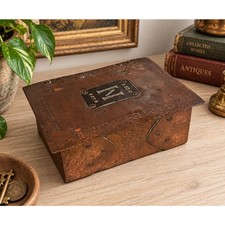 Antique c1910-30 Arts Crafts Hammered Copper Wood Box Mission Monogram N picture