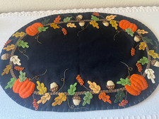 Primitive 21” Long Autumn Thanksgiving Wool Runner Handmade Beads Applique picture