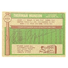 Thurman Munson Autographed 1976 Topps #650 New York Yankees Card - Beckett LOA A picture