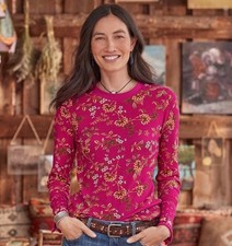 Sundance Loretta Thermal Top Long Sleeve Pink Red Floral Velvet Cuff Medium M picture
