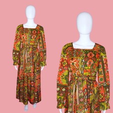 1960s-1970s PSYCHEDELIC ABSTRACT Print Multicolor MAXI Dress W/Waist Tie. M-L picture