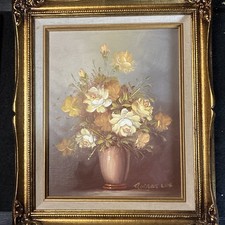 VTG Signed Robert Cox Floral Still Life Oil Painting 9.5”x8.5” Ornate Gold Frame picture