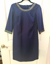 Adrianna Papell Shift Dress Blue 8 Metallic Accents Round Neck 3/4 Sleeve picture