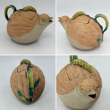 Antique Japanese Meiji Banko Ware Figural Quail Clay Enamel Teapot Signed picture