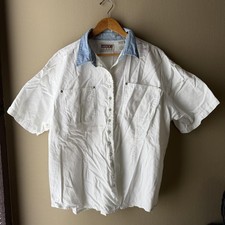 Vintage 90s Andrew’s Jeans White Denim Collar Snap Shirt 1X picture