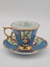 Vtg Royal Sealy Cabbage Rose Teacup Saucer Set Japan Blue Gold Lusterware 1950s picture