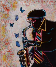 Original Mixed Media Painting 20x24 Saxophonist Neon Butterflies Art picture