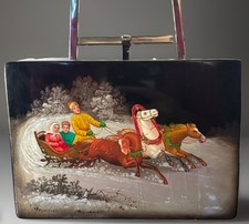 Vintage Russian Fedoskino Lacquer Box Troika Winter Scene signed Meshchaninov A picture