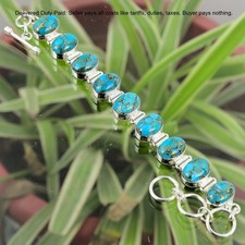 Natural Copper Blue Turquoise Unique Chain Bracelet Jewelry 925 Sterling Silver picture