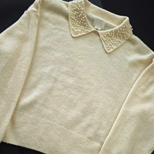 H&M Ivory Knit Collared Beaded Long Sleeve Pullover Sweater Women’s S picture