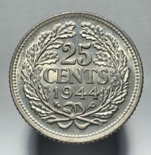 Netherlands 1944 p silver 25 cents choice uncirculated -1379 picture