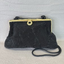 Vintage Hutzler’s of Baltimore Black Glass Beaded Evening Bag Purse Gold Frame picture
