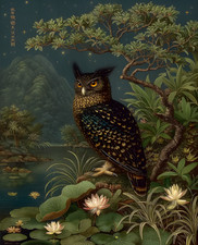 Owl Perched on a Branch with Dark Teal and Brown Tones Print - 561508024 picture