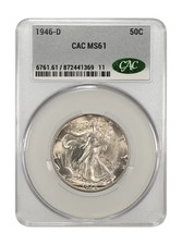 1946-D 50C WALKING LIBERTY CAC MS61 FRESHLY GRADED picture