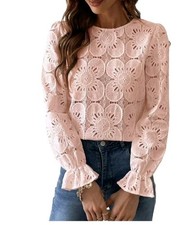 Nwt CUPSHE Women’s Eyelet Hollow Out  Lace Embroidered Blouse Pink  Small picture