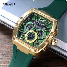 MEGIR Fashion Sport Quartz Watch for Men Waterproof Golden Green Silicone Strap picture