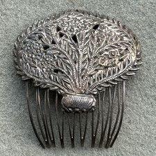 Antique Victorian Sterling Silver Repousse Ornate Basket of Flowers Hair Comb picture