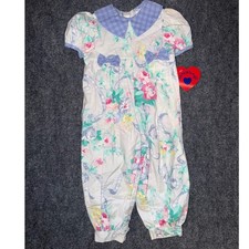 Vintage Hartstrings Toddler Girls Floral Romper Plaid Collar White Blue 2T NWT picture